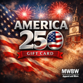 Promotional graphic for America 250 gift card with American flag, fireworks, and clock tower.