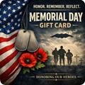 Memorial Day gift card featuring American flag, military dog tags, red poppies, and soldiers honoring fallen heroes