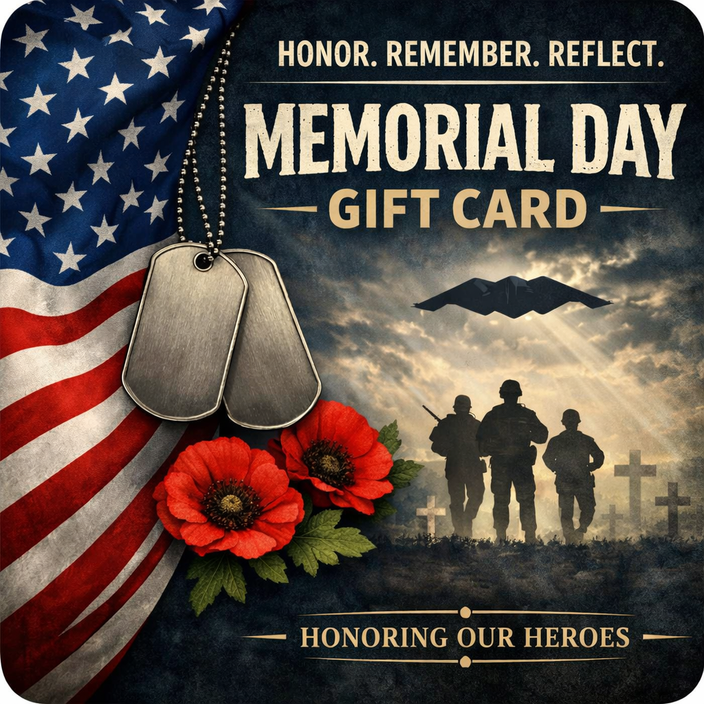 Memorial Day gift card featuring American flag, military dog tags, red poppies, and soldiers honoring fallen heroes