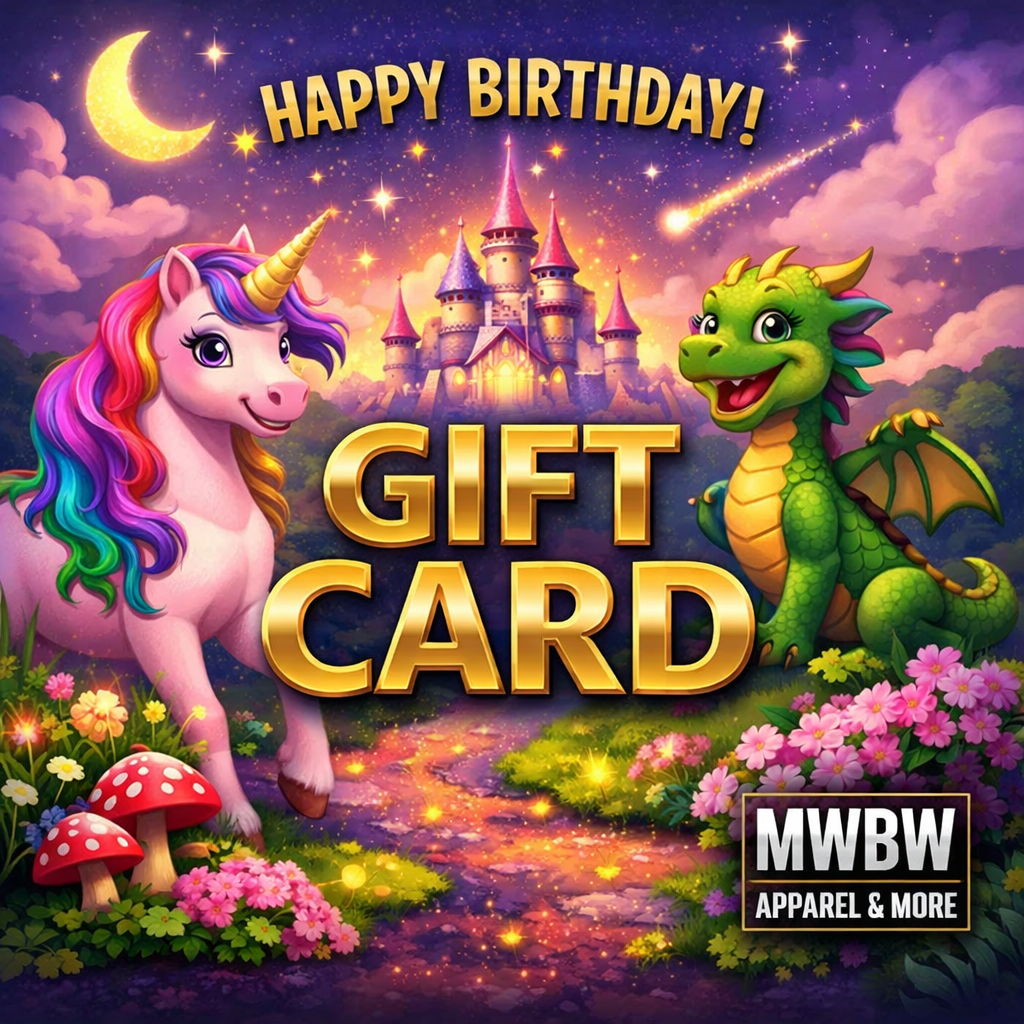 “Kids fantasy birthday gift card with unicorn, dragon, magical castle and MWBW logo