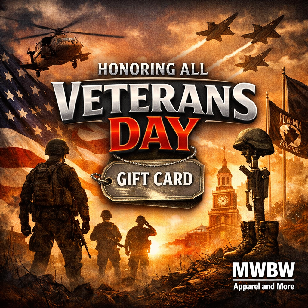 Veterans Day gift card design with soldiers, American flag, andhelicopter on a dramatic background.