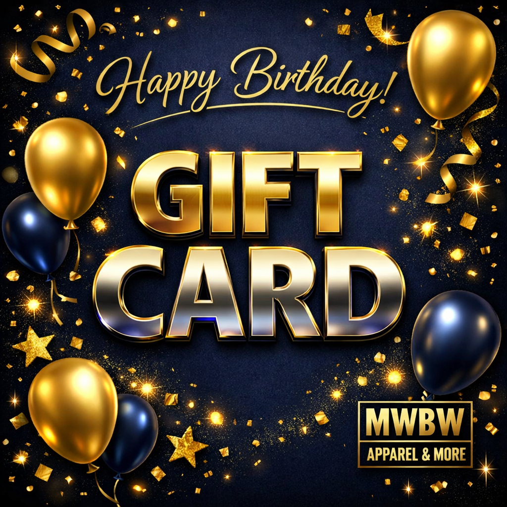 Senior elegant gold and navy birthday gift card with gold balloons, confetti and MWBW logo