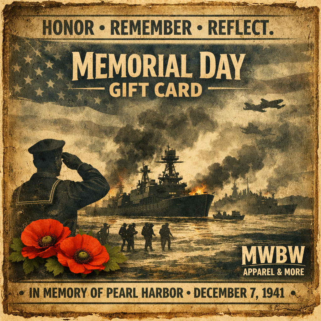 Pearl Harbor Memorial Day gift card – WWII naval remembrance – saluting sailor, ships, smoke, poppies – MWBW Apparel and More