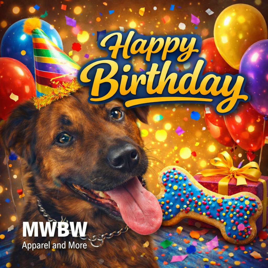 Personalized birthday gift card featuring a dog wearing a party hat with balloons, confetti, and MWBW Apparel and More branding