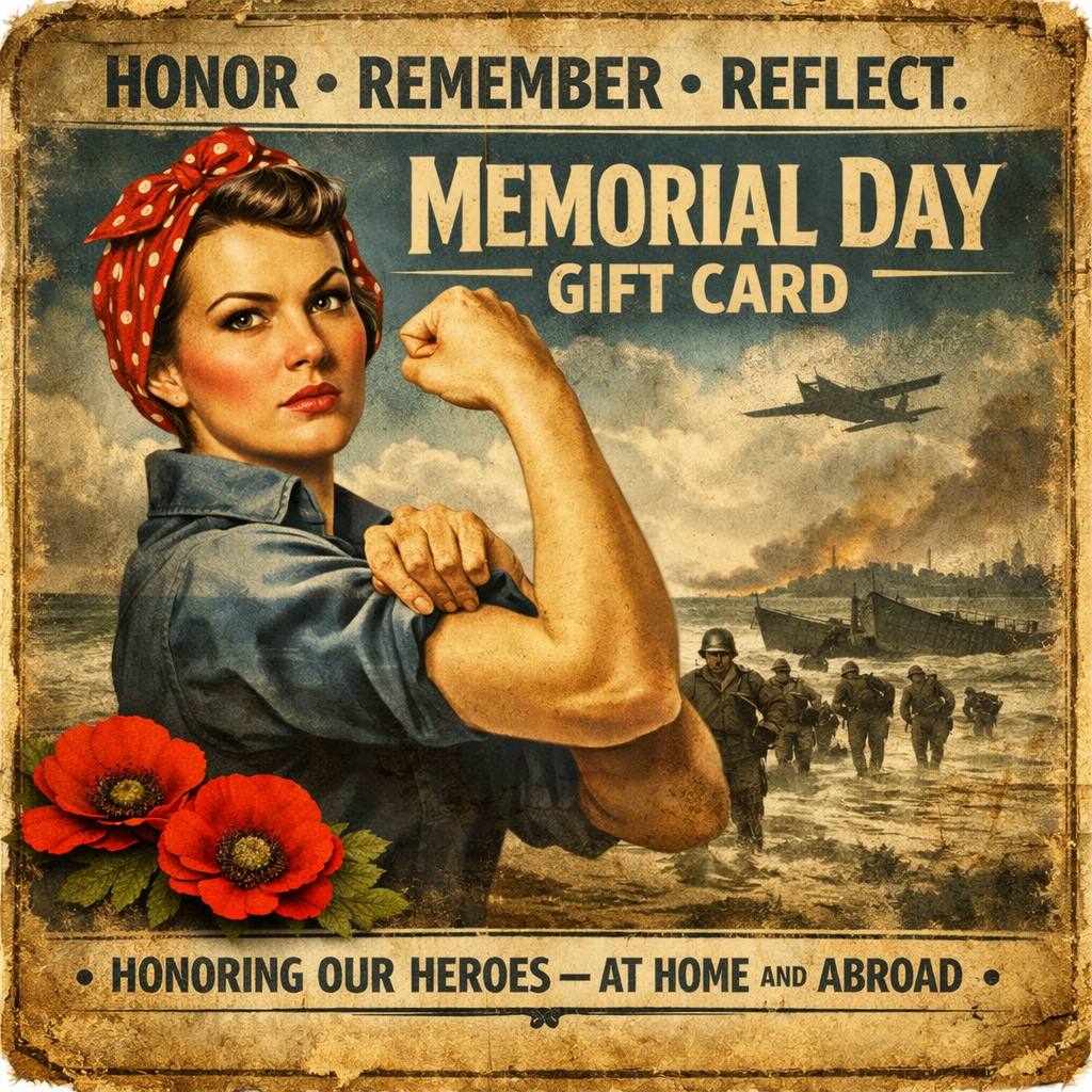 Rosie the Riveter Memorial Day gift card – WWII home front tribute – Normandy beach scene – MWBW Apparel and More