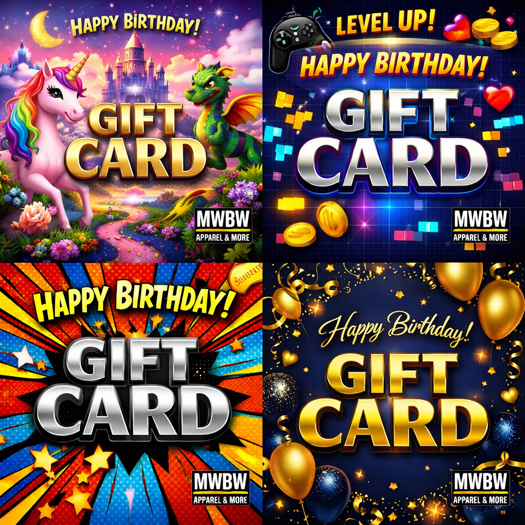 Birthday gift card collage showing kids fantasy, teen gaming, adult pop‑art, senior elegant gold designs and MWBW logo