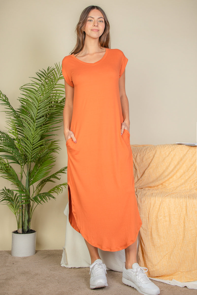 Hidden Pocket Batwing Sleeve V Neck Long Dress (CAPELLA)