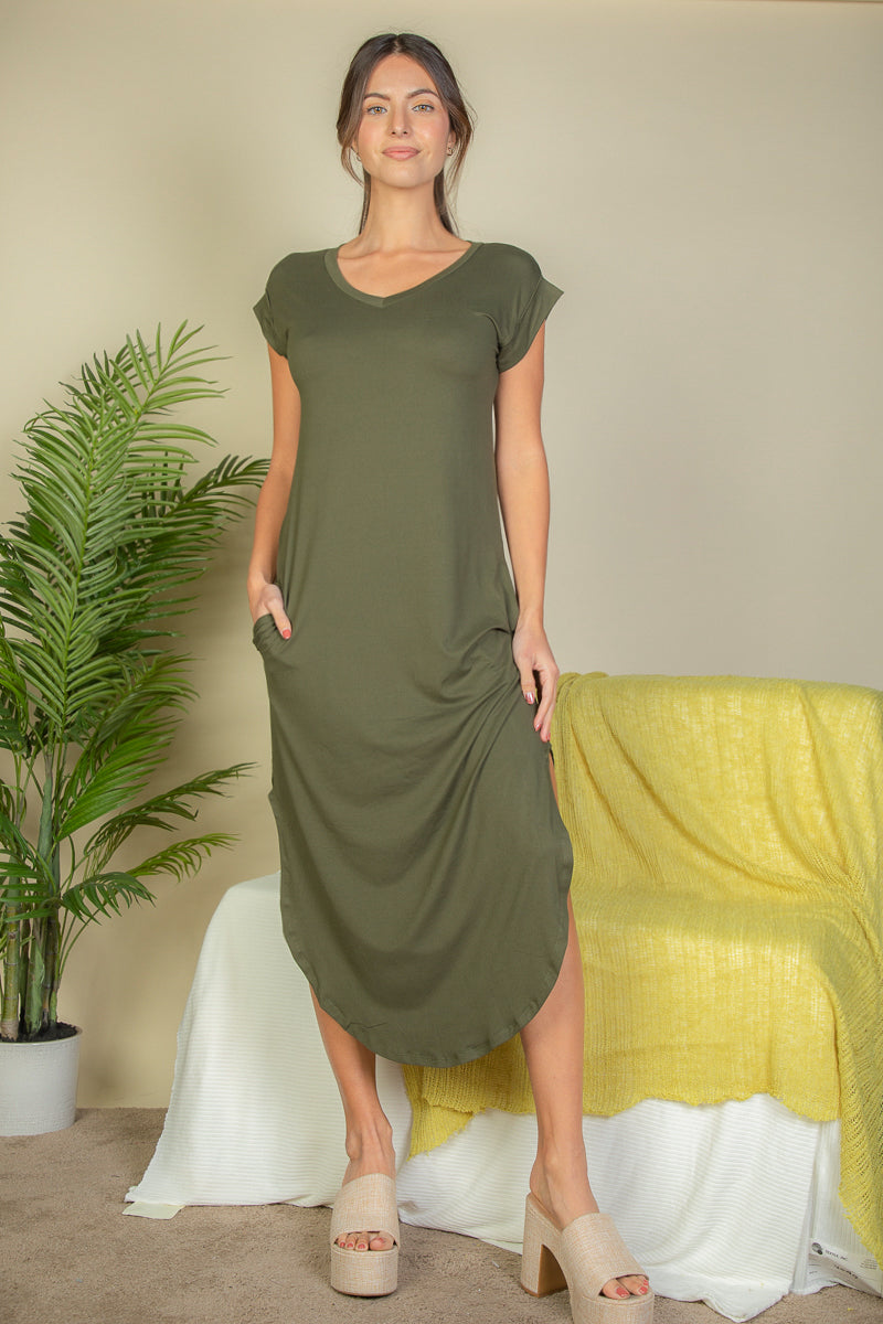 Hidden Pocket Batwing Sleeve V Neck Long Dress (CAPELLA)