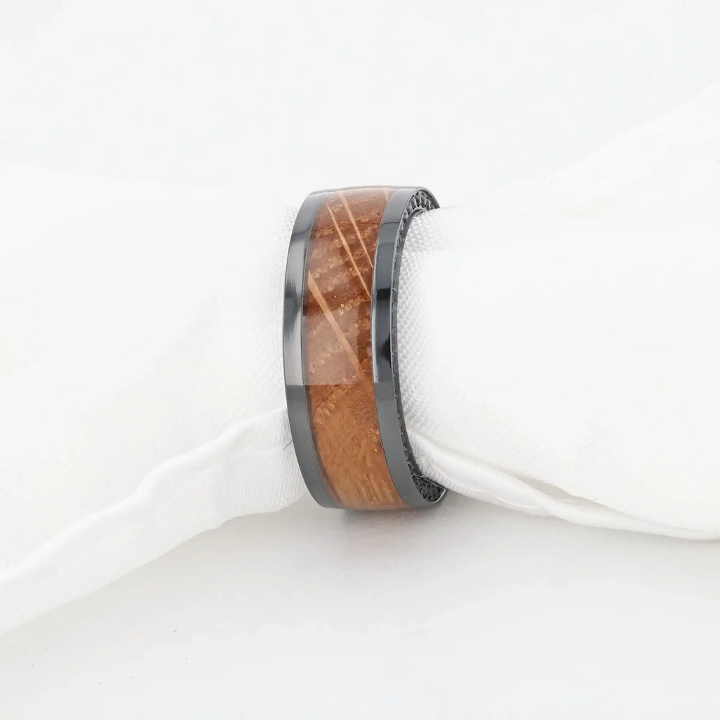 BOURBON Black Zirconium Ring with Whiskey Barrel Wood Inlay and Black Sapphires - 8mm