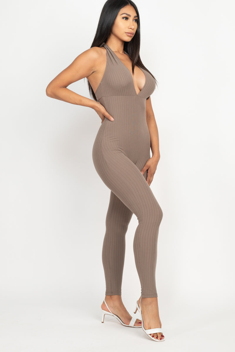Halter V Neck Ribbed Bodycon Jumpsuit (CAPELLA)