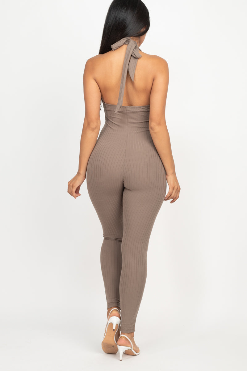 Halter V Neck Ribbed Bodycon Jumpsuit (CAPELLA)