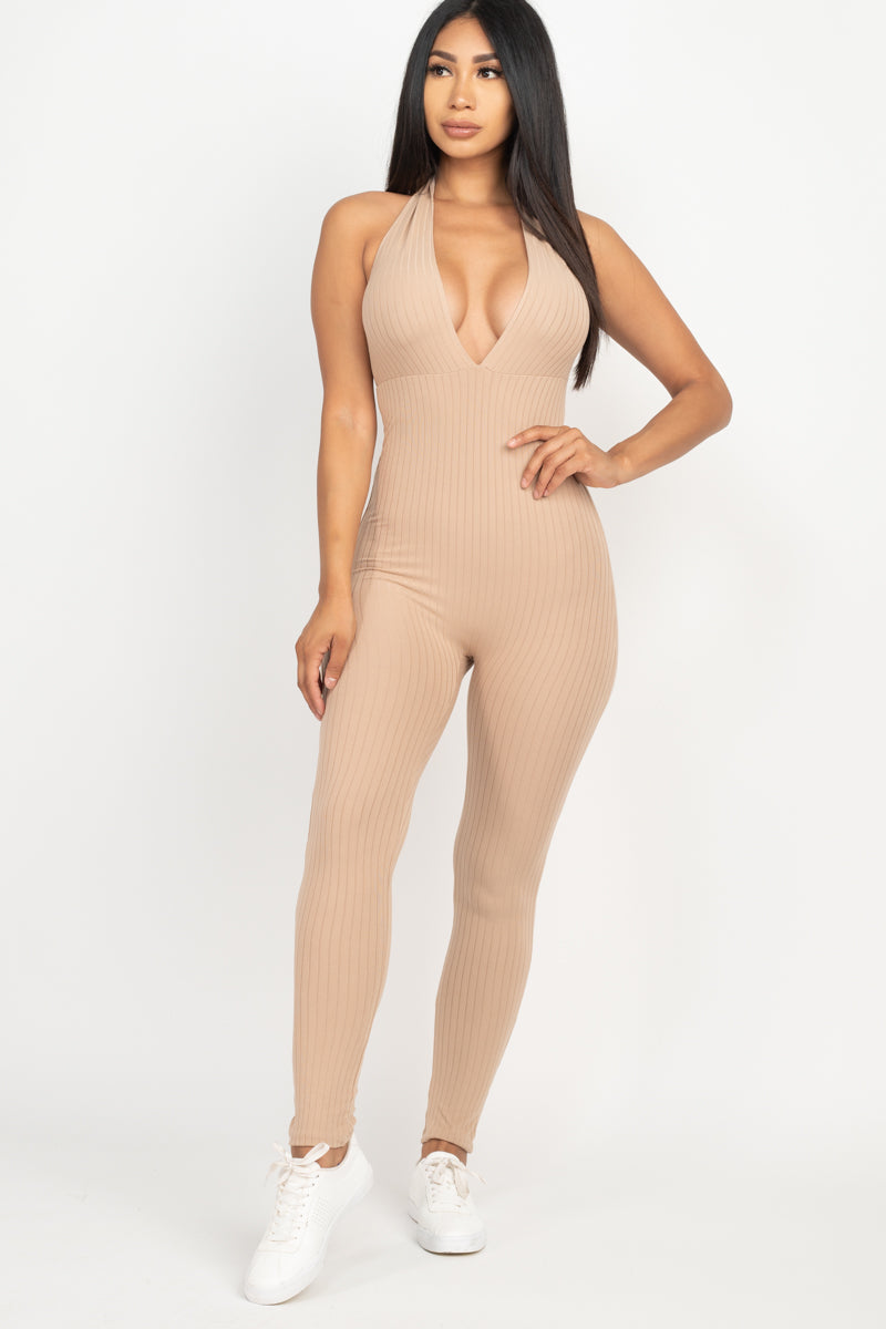 Halter V Neck Ribbed Bodycon Jumpsuit (CAPELLA)