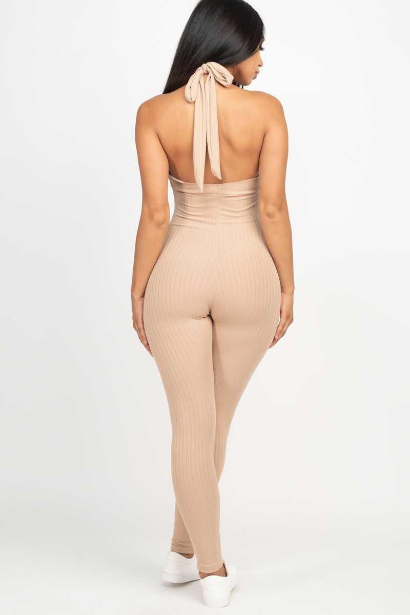 Halter V Neck Ribbed Bodycon Jumpsuit (CAPELLA)