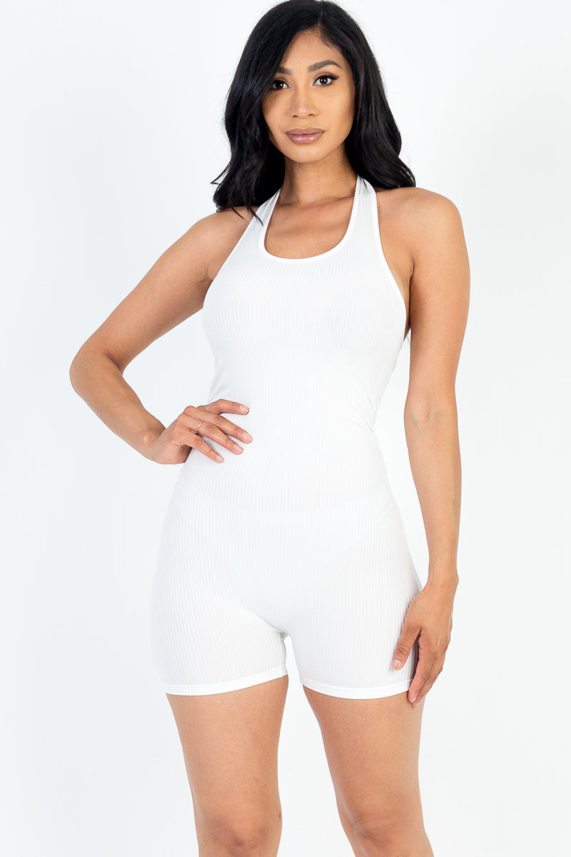 Ribbed Halter Neck Backless Romper (CAPELLA)