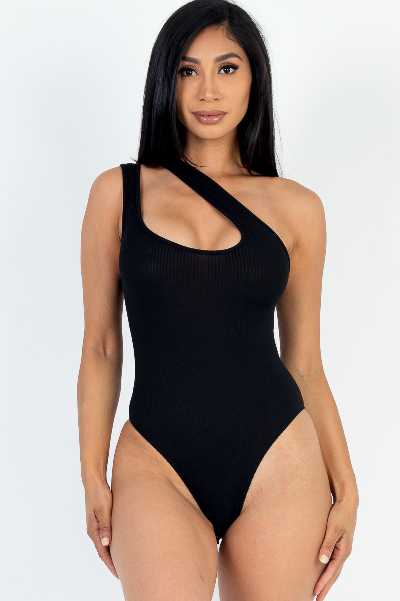 One Shoulder Cut Out Rib Knit Bodysuit (CAPELLA)