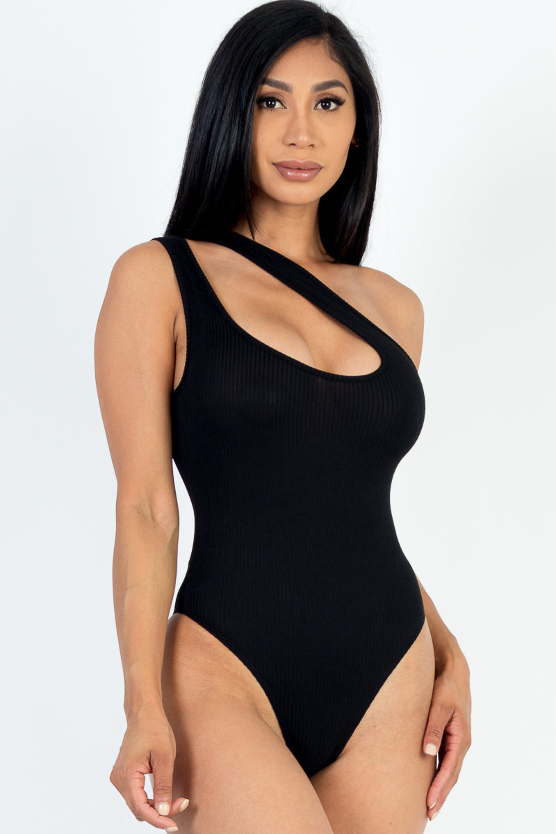 One Shoulder Cut Out Rib Knit Bodysuit (CAPELLA)