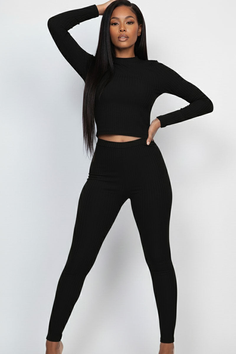 Ribbed Mock Neck Long Sleeve Top & Leggings Set (capella)