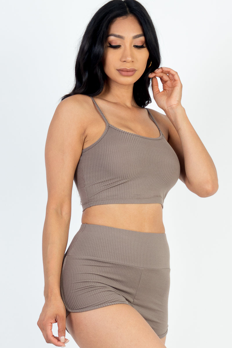 Ribbed Cami Crop Top & Ruched Shorts Set(CAPELLA)