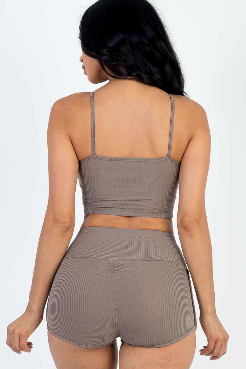 Ribbed Cami Crop Top & Ruched Shorts Set(CAPELLA)