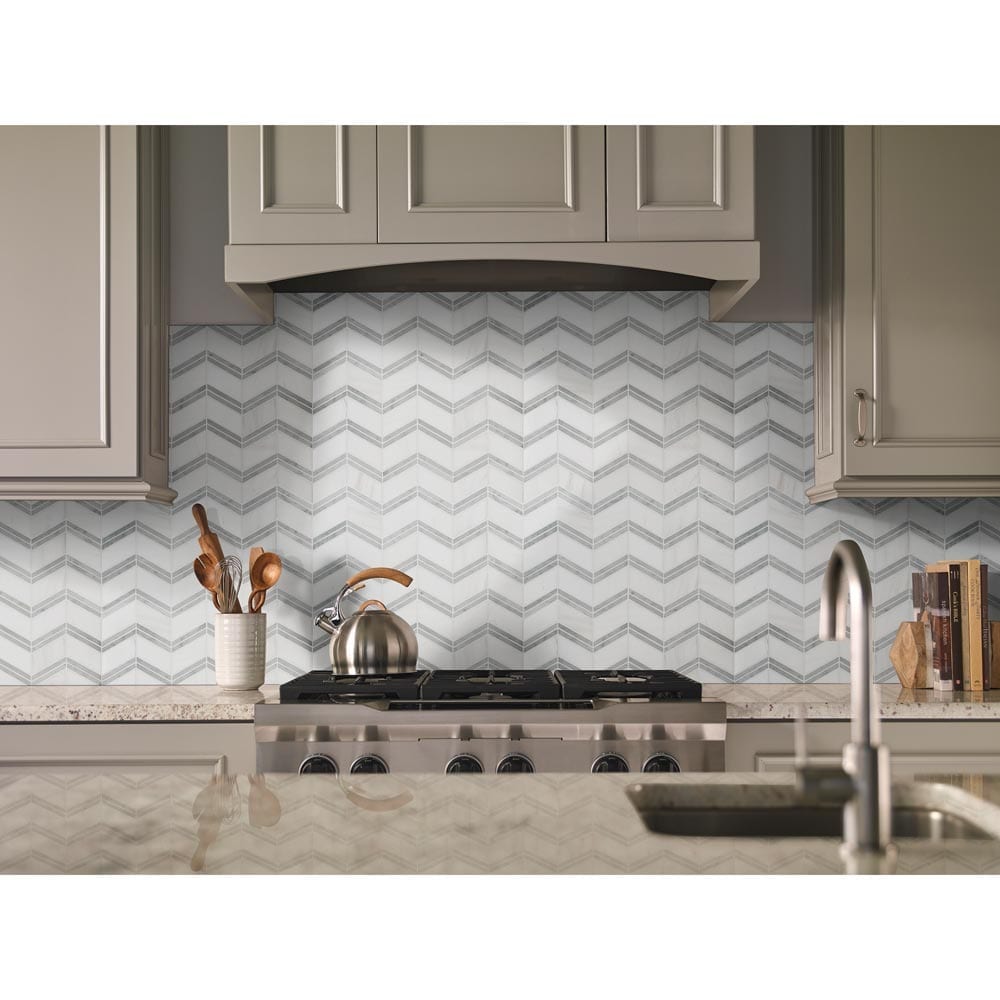 Bianco Dolomite Chevron 12" x 12" Polished Marble Mesh-Mounted Mosaic Tile Pattern-MSI Collection