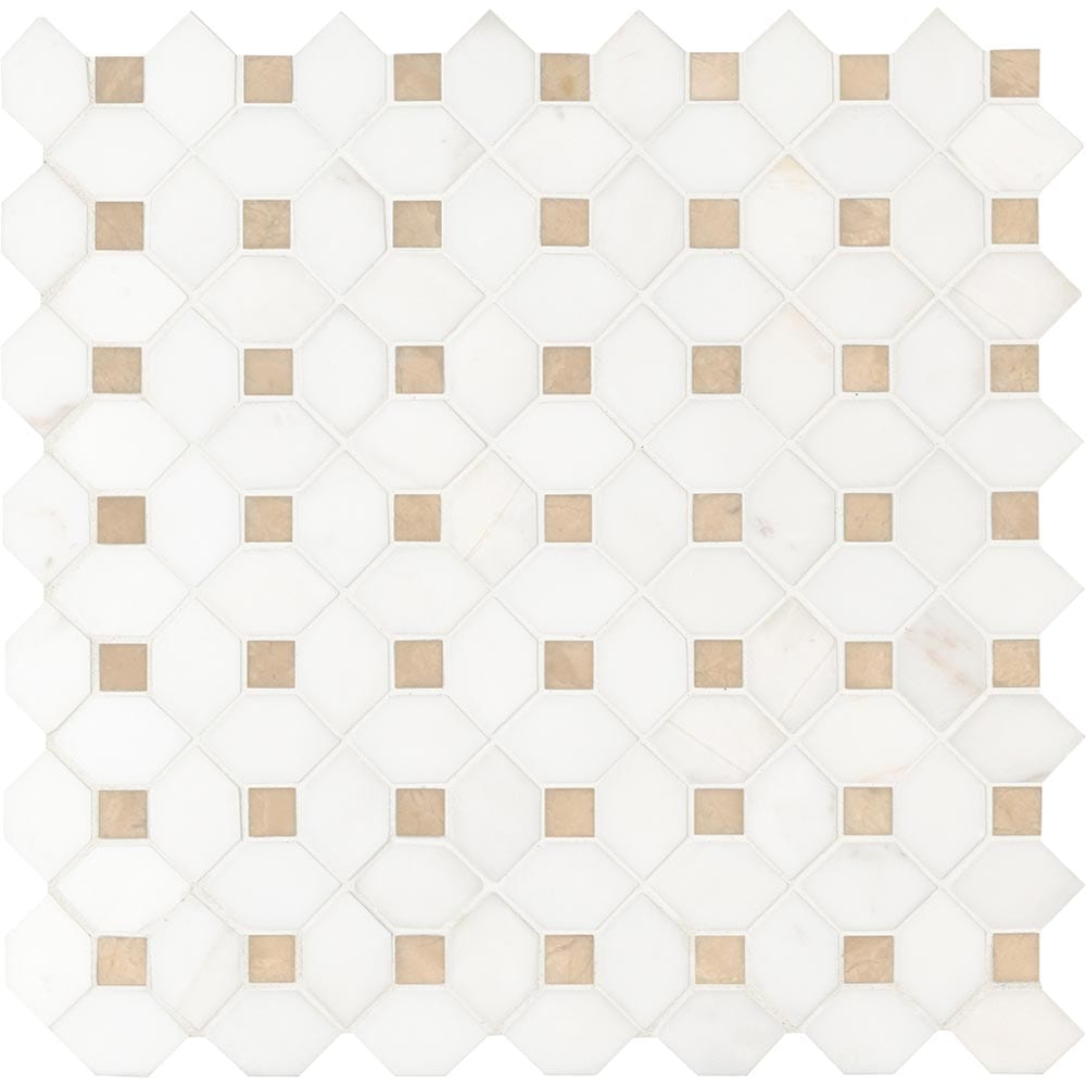 Bianco Dolomite Crema Dotty 12.88" x 12.88" Polished Marble Mesh-Mounted Mosaic Tile Pattern-MSI Collection