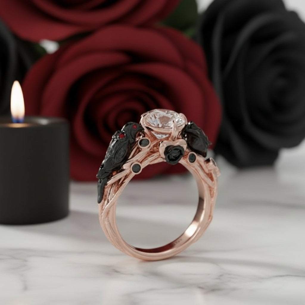 Black Crow- 1.25 Carat Diamond Option Gothic Wedding Ring