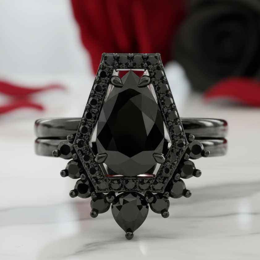 Faithfulness-1ct Black Pear Cut Diamond Option 14k White Gold Coffin Ring Set