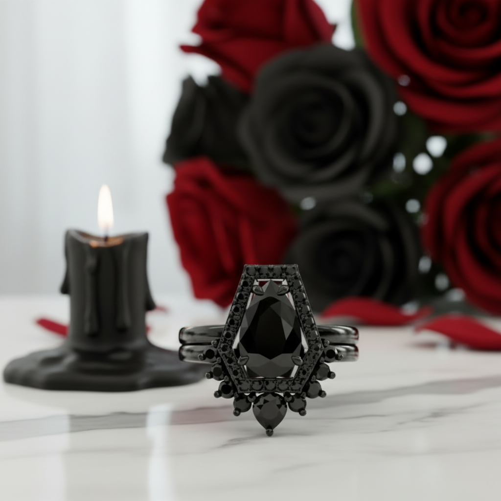 Faithfulness-1ct Black Pear Cut Diamond Option 14k White Gold Coffin Ring Set