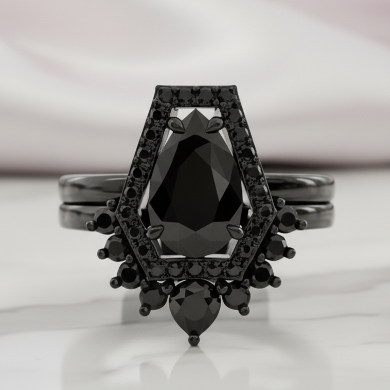 Faithfulness-1ct Black Pear Cut Diamond Option 14k White Gold Coffin Ring Set