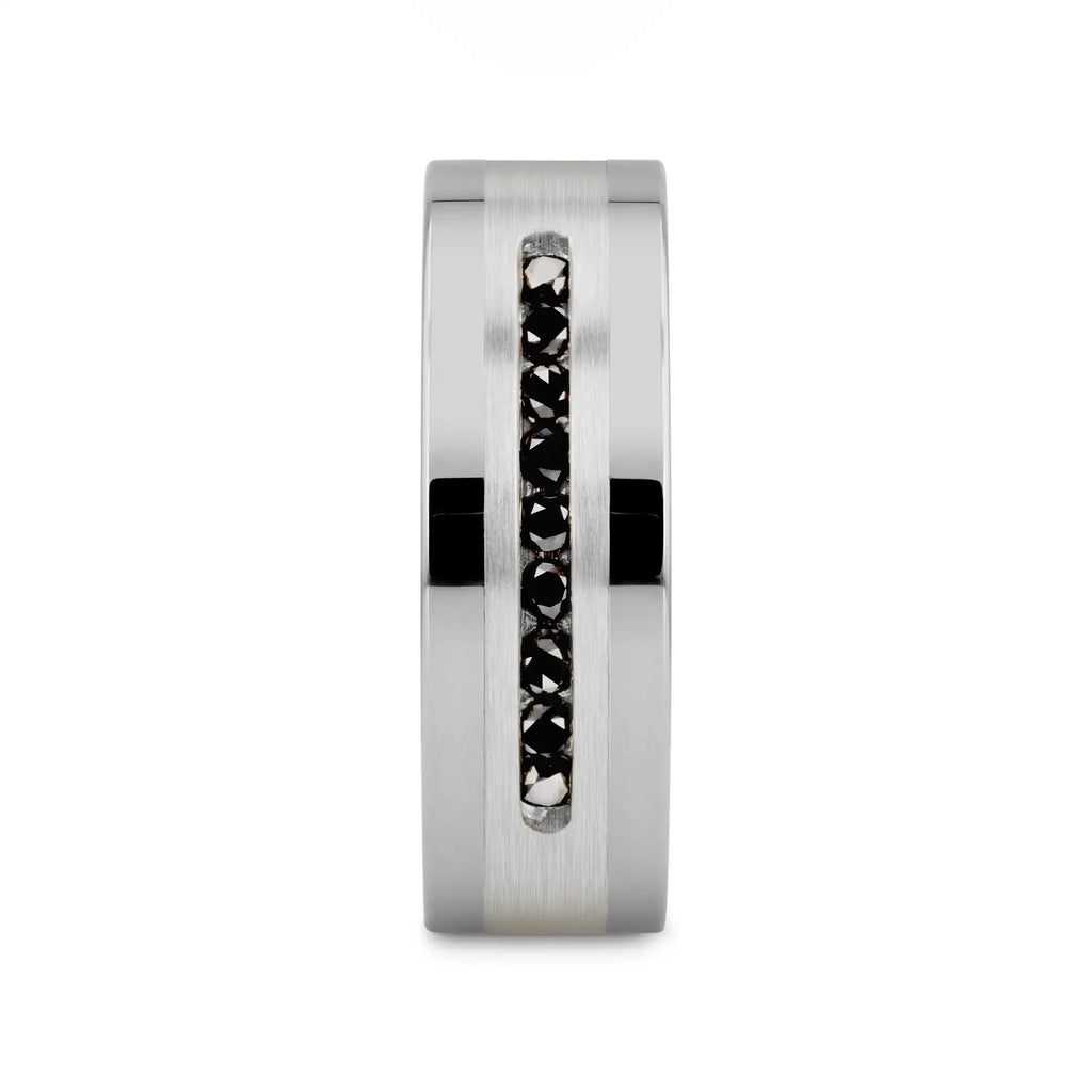 BLACKSTONE Flat Tungsten Wedding Band with Brushed Silver Inlay Center and 9 Channel Set Black Diamonds - 8mm