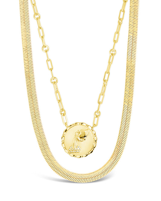 Bold Link Zodiac Necklace & Herringbone Chain Necklace Set
