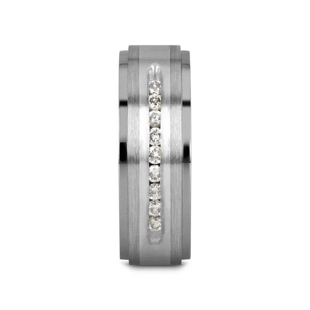 BOND Flat Brushed Silver Inlaid Titanium Men's Wedding Band With 9 Channel Set White Diamonds - 8mm