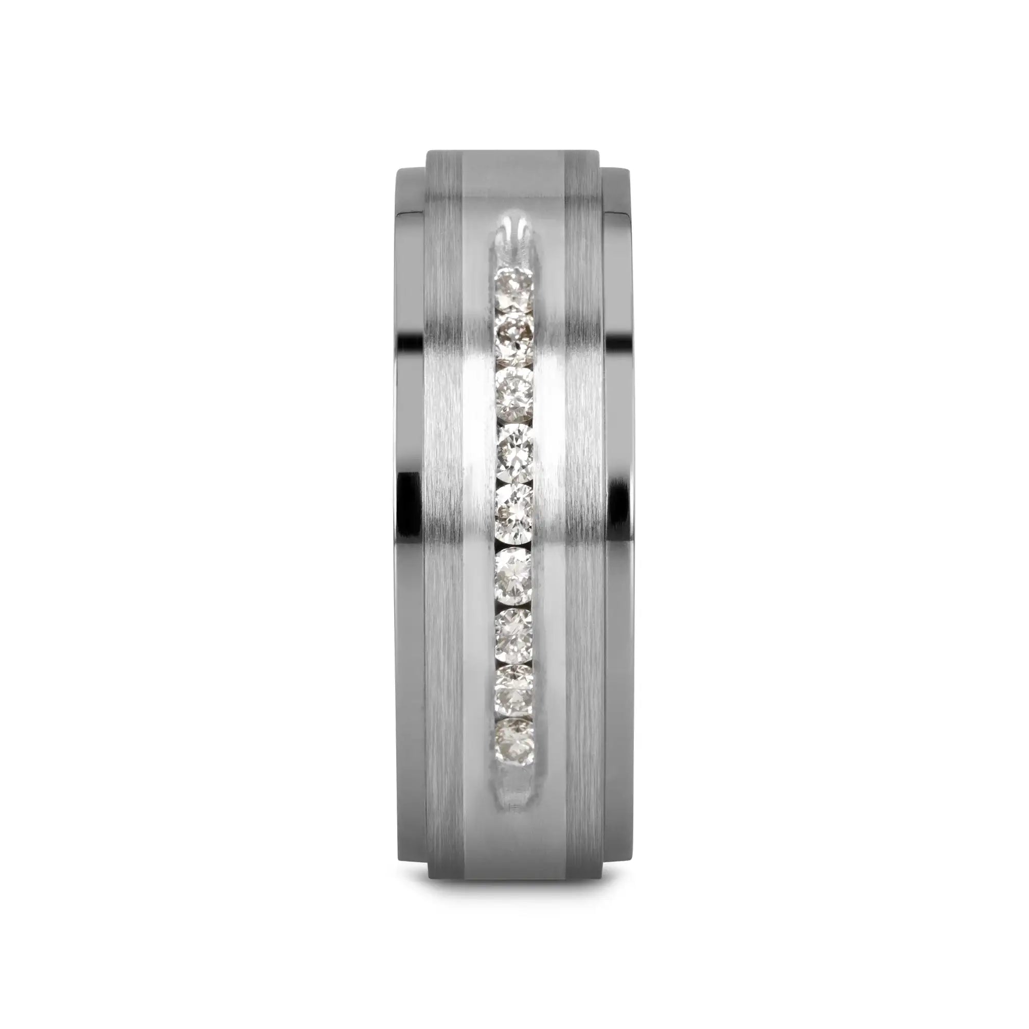 BOND Flat Brushed Silver Inlaid Titanium Men's Wedding Band With 9 Channel Set White Diamonds - 8mm