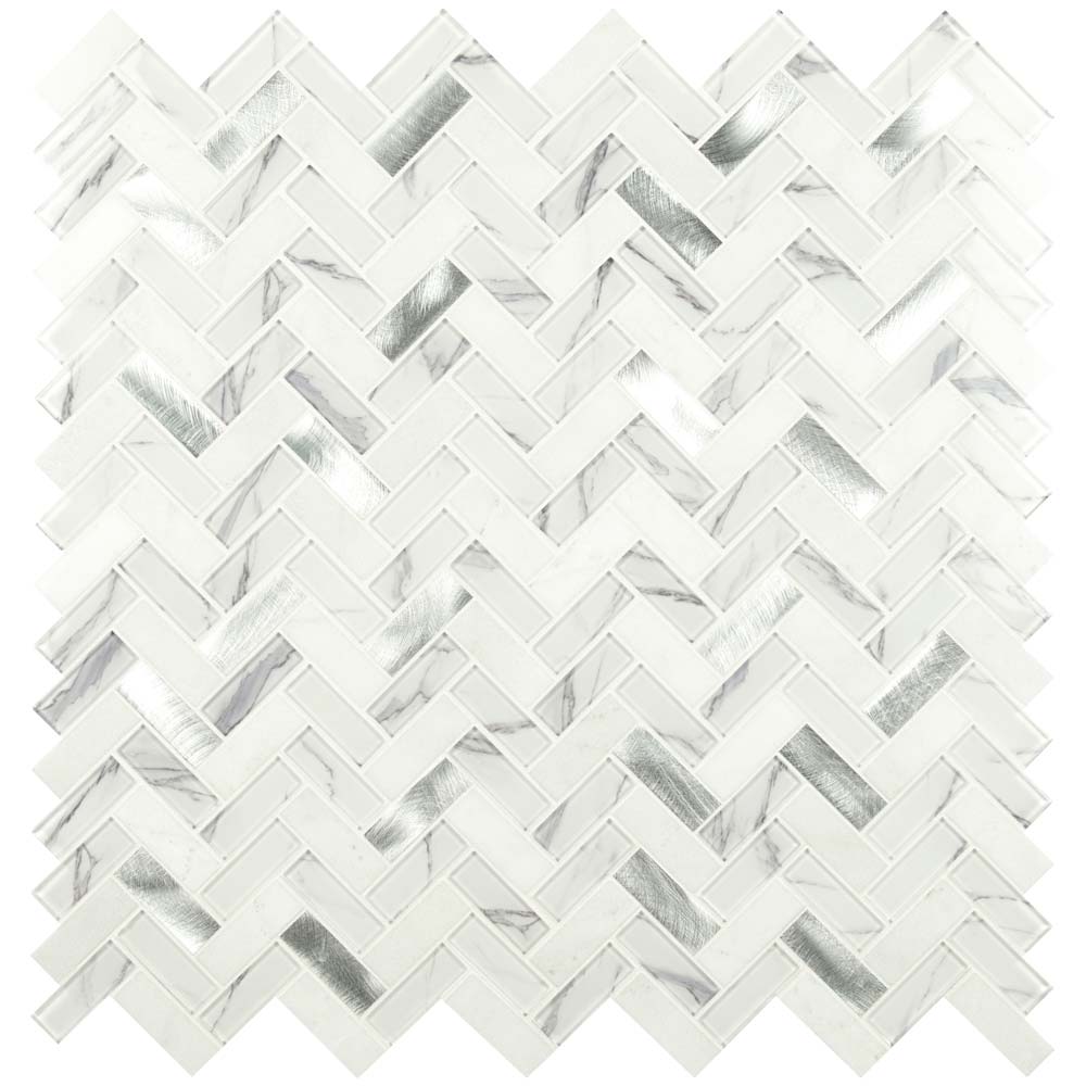 Bytle Bianco Herringbone 12"x12" Glass Metal Stone Mesh-Mounted Mosaic Tile Pattern- MSI Collection