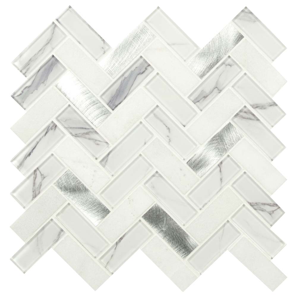 Bytle Bianco Herringbone 12"x12" Glass Metal Stone Mesh-Mounted Mosaic Tile Pattern- MSI Collection