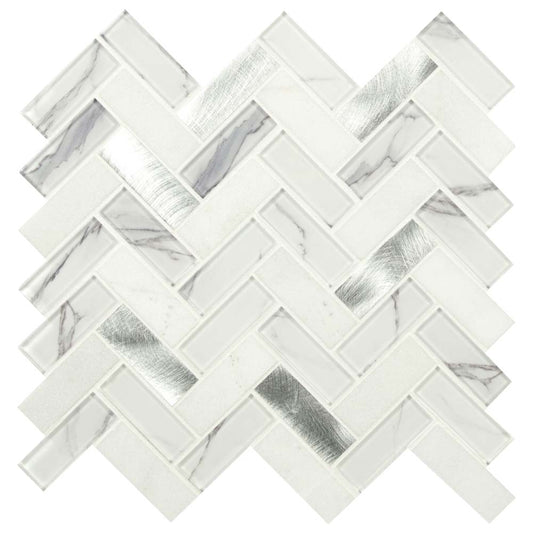 Bytle Bianco Herringbone 12"x12" Glass Metal Stone Mesh-Mounted Mosaic Tile Pattern- MSI Collection