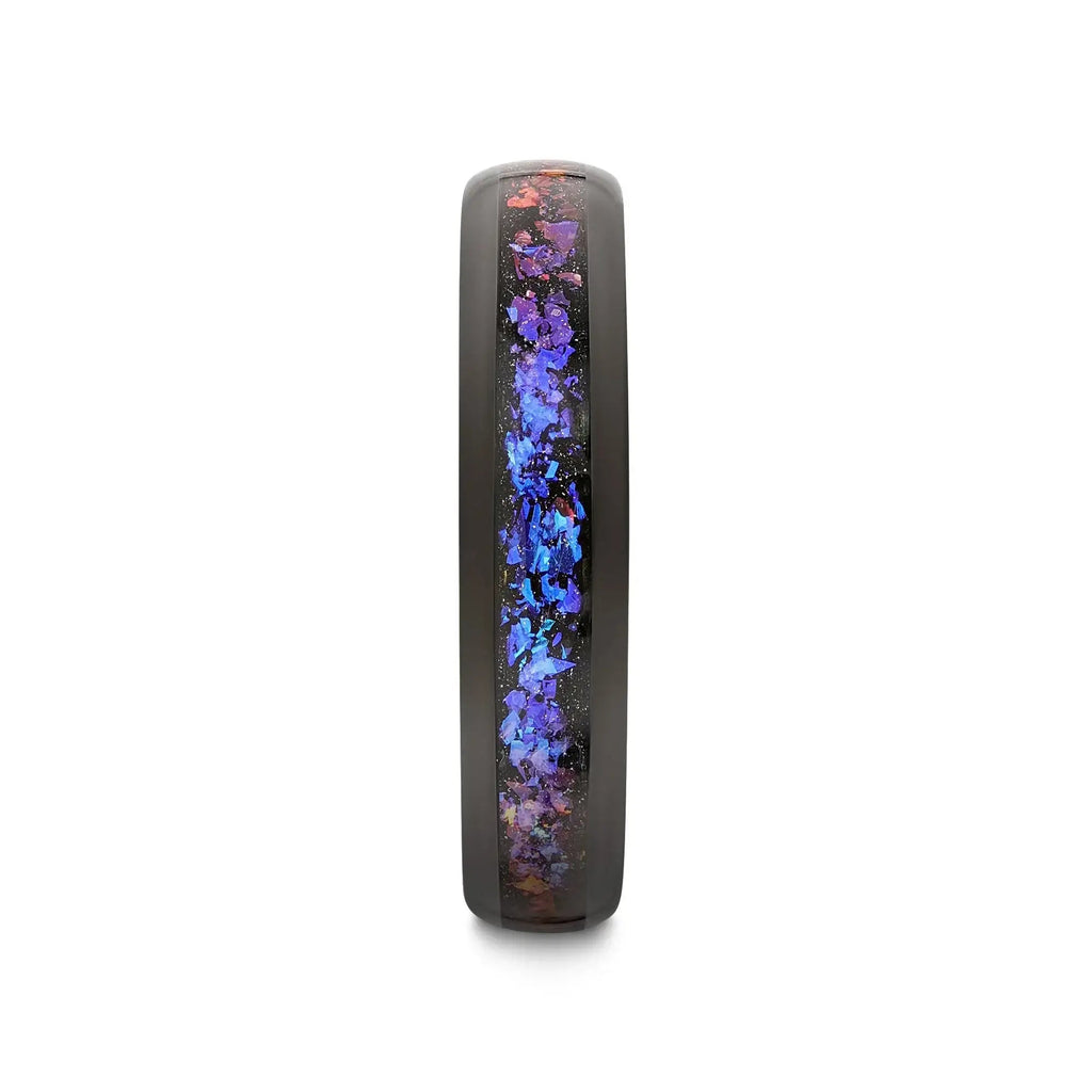 COSMIC Black Tungsten Ring with Crushed Alexandrite and Dark Blue & Purple Crushed Goldstone – 4mm to 8mm