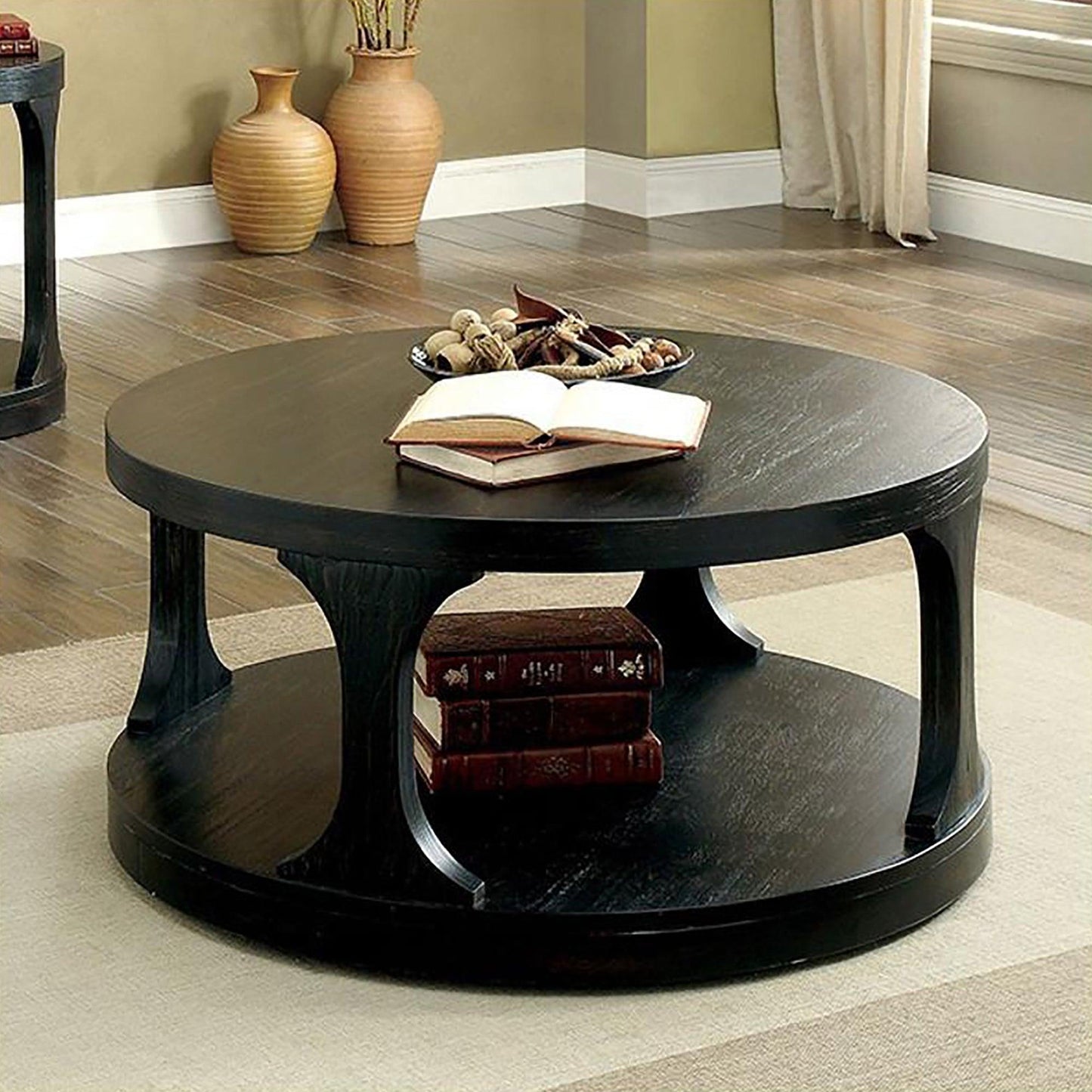18"H Antique Black Round Structure Coffee Table with Open Shelf