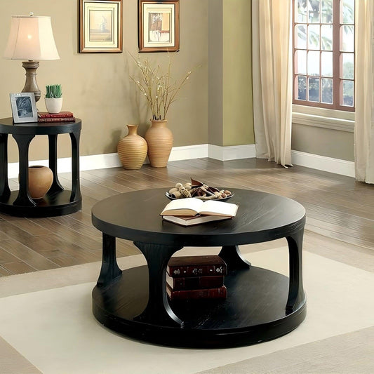 18"H Antique Black Round Structure Coffee Table with Open Shelf