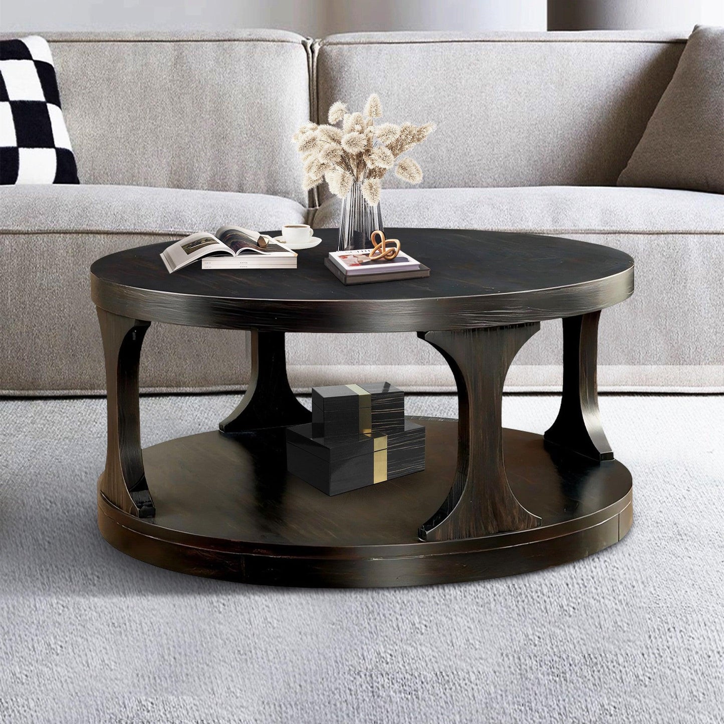 18"H Antique Black Round Structure Coffee Table with Open Shelf