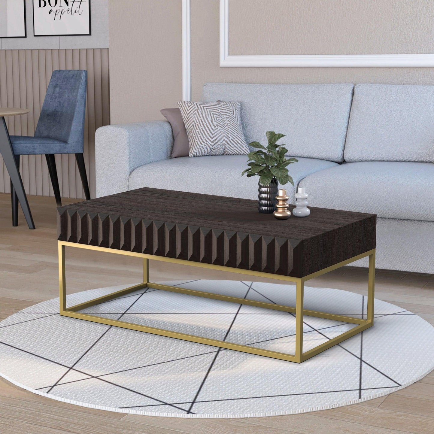 Walnut/Gold Textured Front Panels Coffee Table with Concealed Drawers