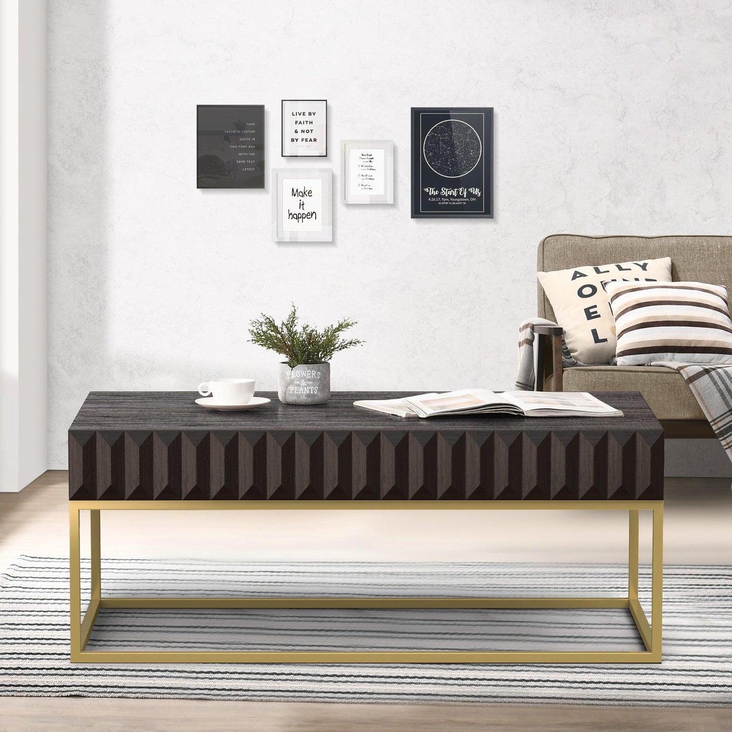Walnut/Gold Textured Front Panels Coffee Table with Concealed Drawers