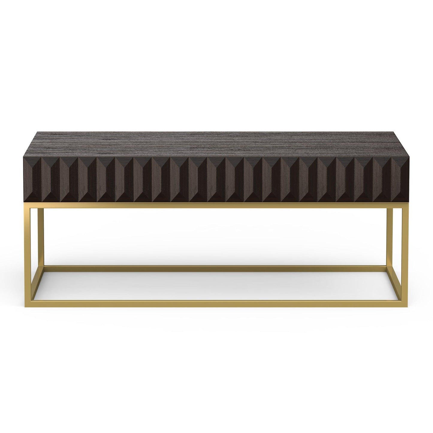 Walnut/Gold Textured Front Panels Coffee Table with Concealed Drawers