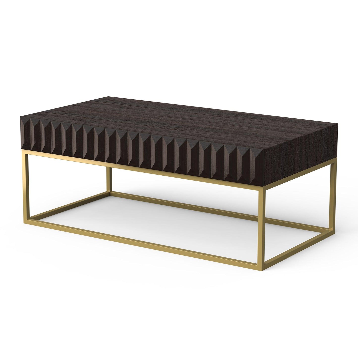 Walnut/Gold Textured Front Panels Coffee Table with Concealed Drawers