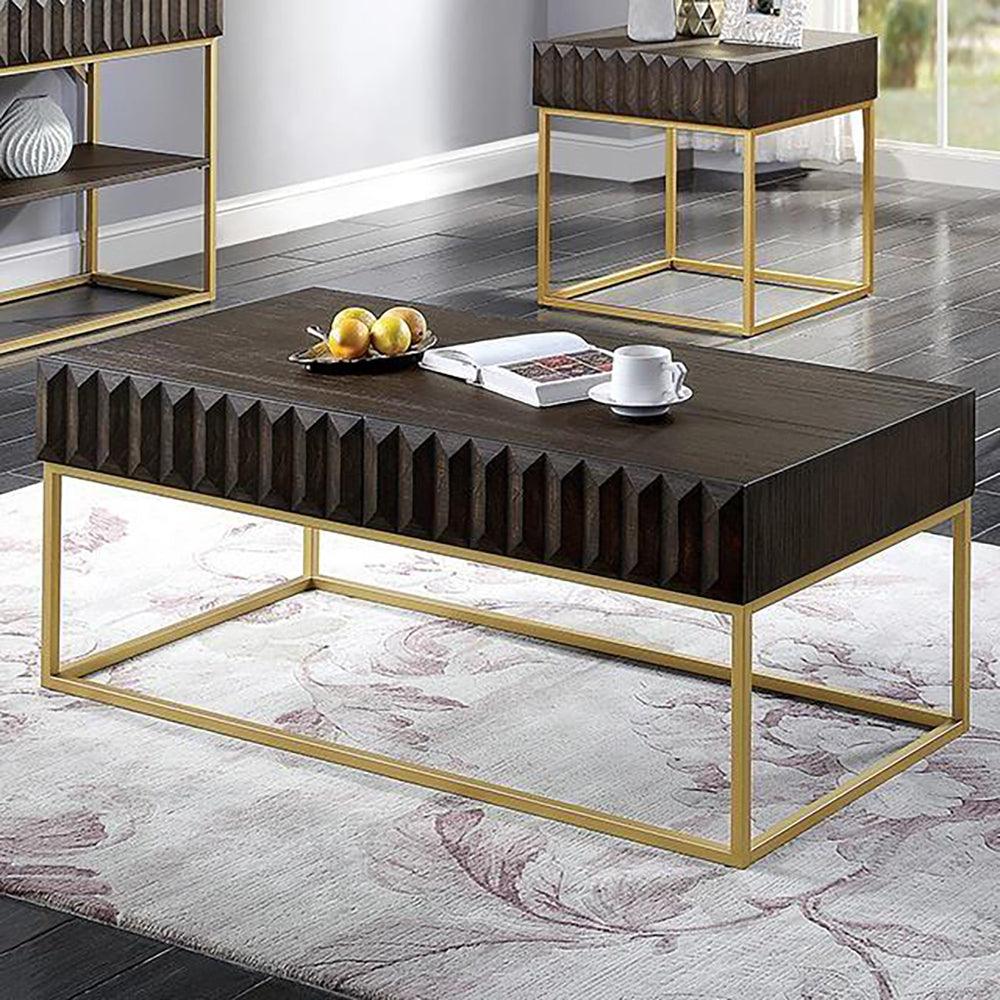 Walnut/Gold Textured Front Panels Coffee Table with Concealed Drawers