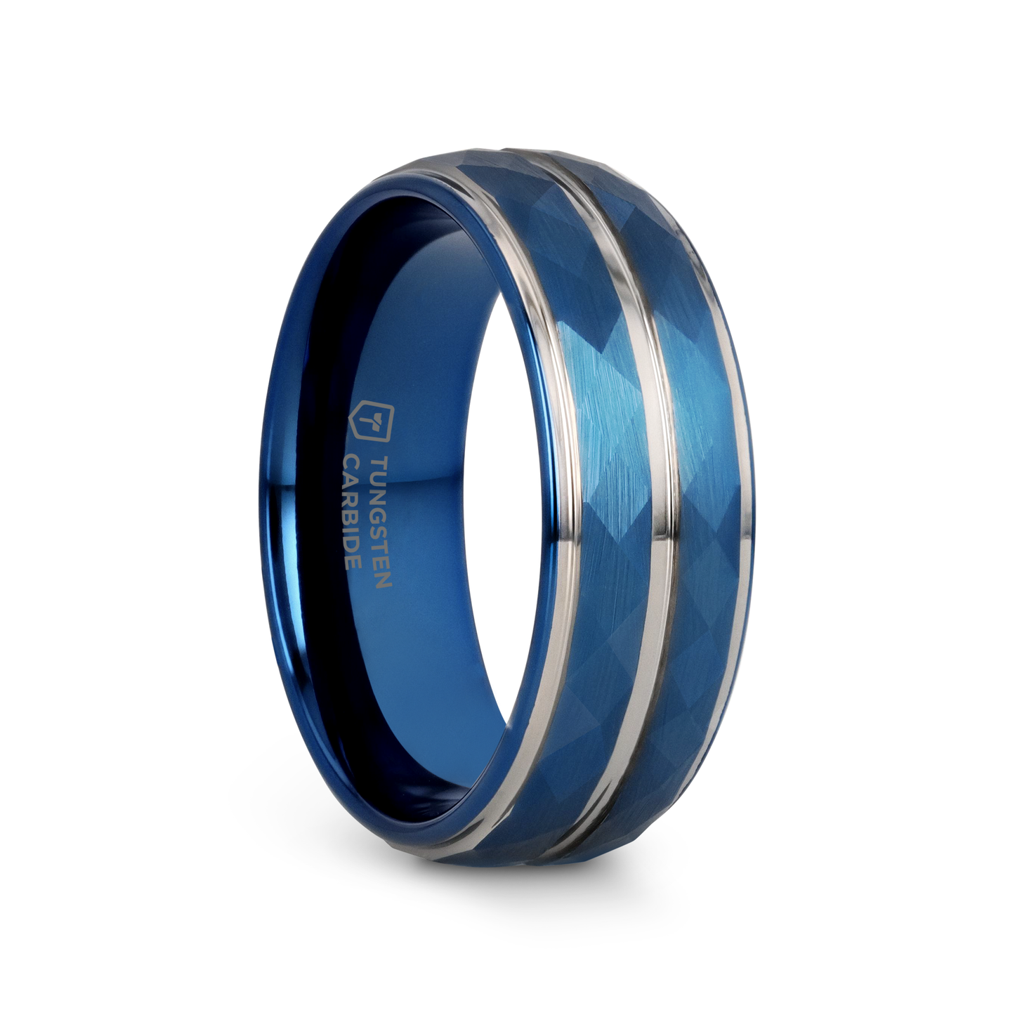 CARMEL Blue Ion Plated Tungsten Carbide Men's Ring With Faceted Center And Stepped Edges - 8mm