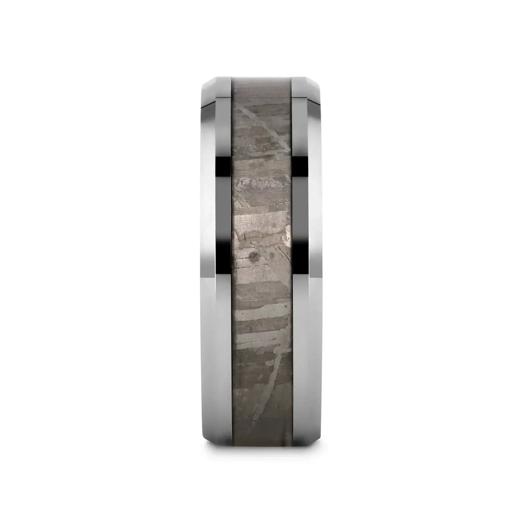 CELESTIAL Flat Tungsten Carbide Ring with Beveled Edges and Meteorite Inlay Thorsten - 8mm