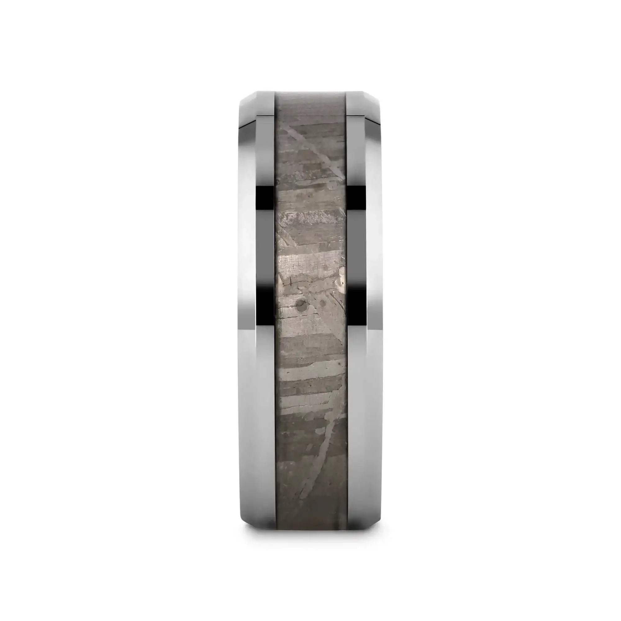 CELESTIAL Flat Tungsten Carbide Ring with Beveled Edges and Meteorite Inlay Thorsten - 8mm