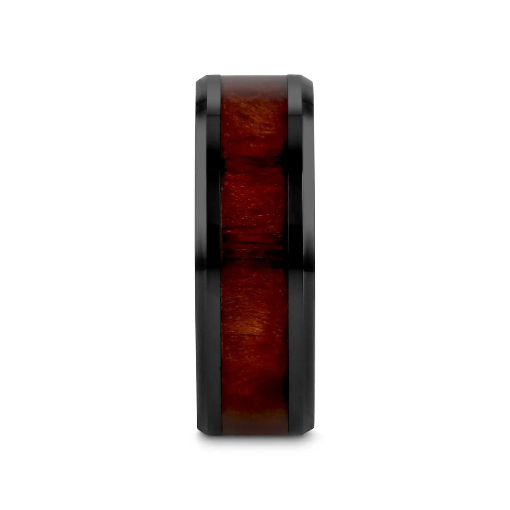 CERISE Redwood Inlaid Black Ceramic Ring with Beveled Edges - 8mm