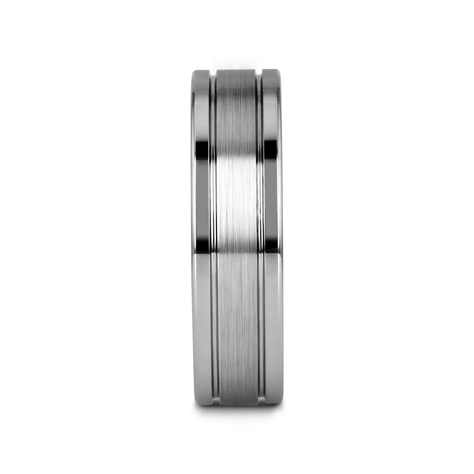 CHRONOS Flat with Offset Grooves Polished Edges and Satin Center Tungsten Band 6mm or 8mm